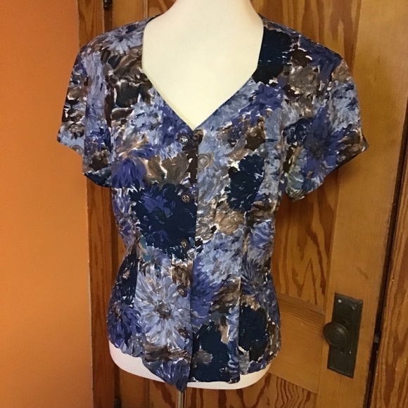 VTG 90s Blue Floral Button Down Top - Picture 5 of 12